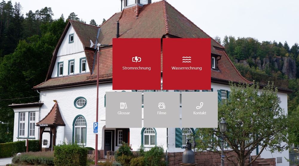 Aufbau des Rechnungserklärer mit Auswahl-Buttons zur Stromrechnung und zur Wasserrechnung