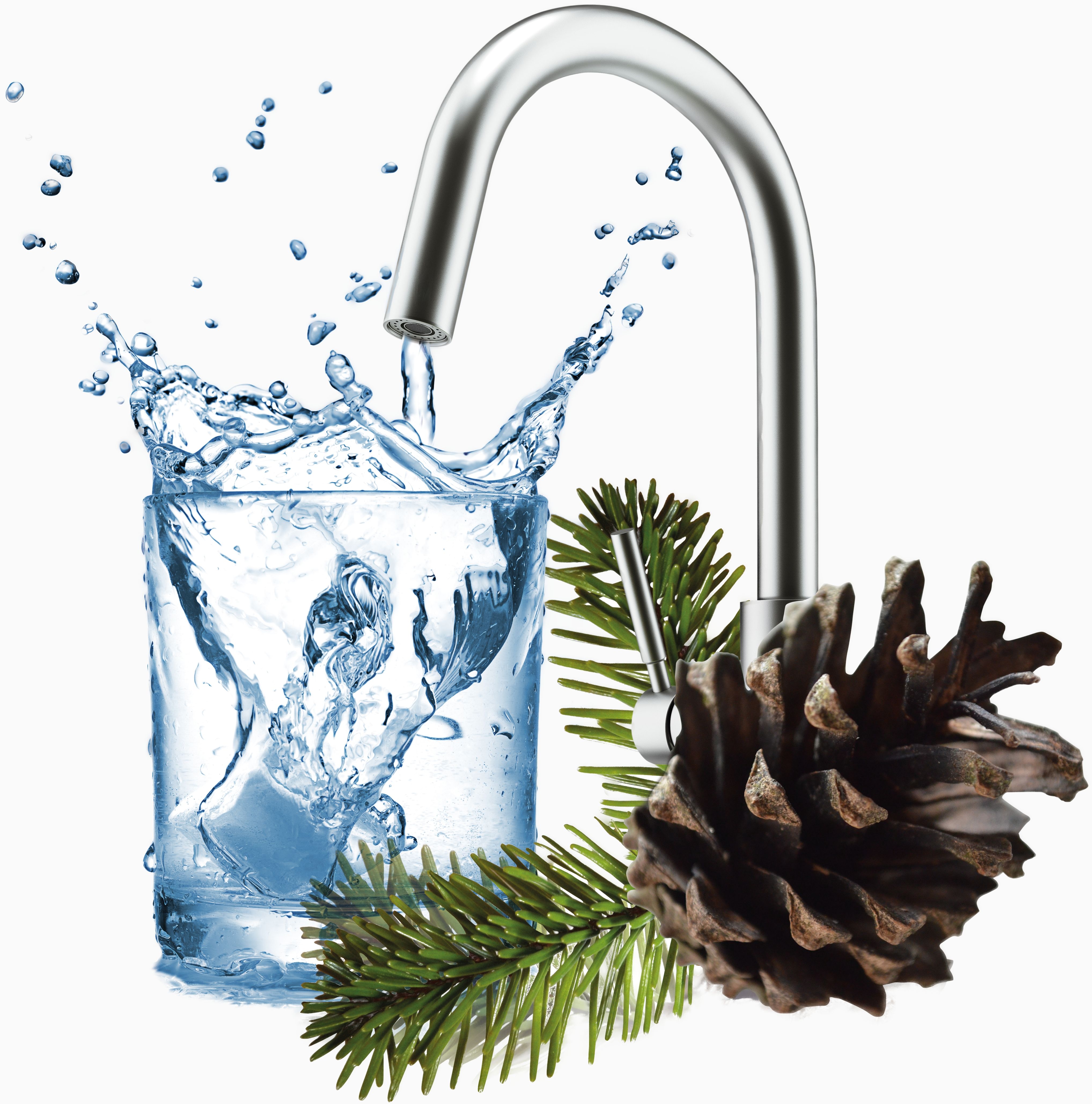 Symbol für Frische und Natur: Ein sprudelndes Wasserglas neben einem Tannenzweig mit Tannenzapfen.
