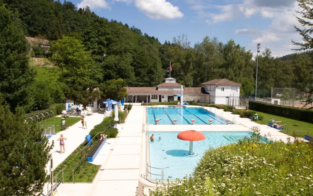 Ansicht der Schwimmbecken des Waldfreibads