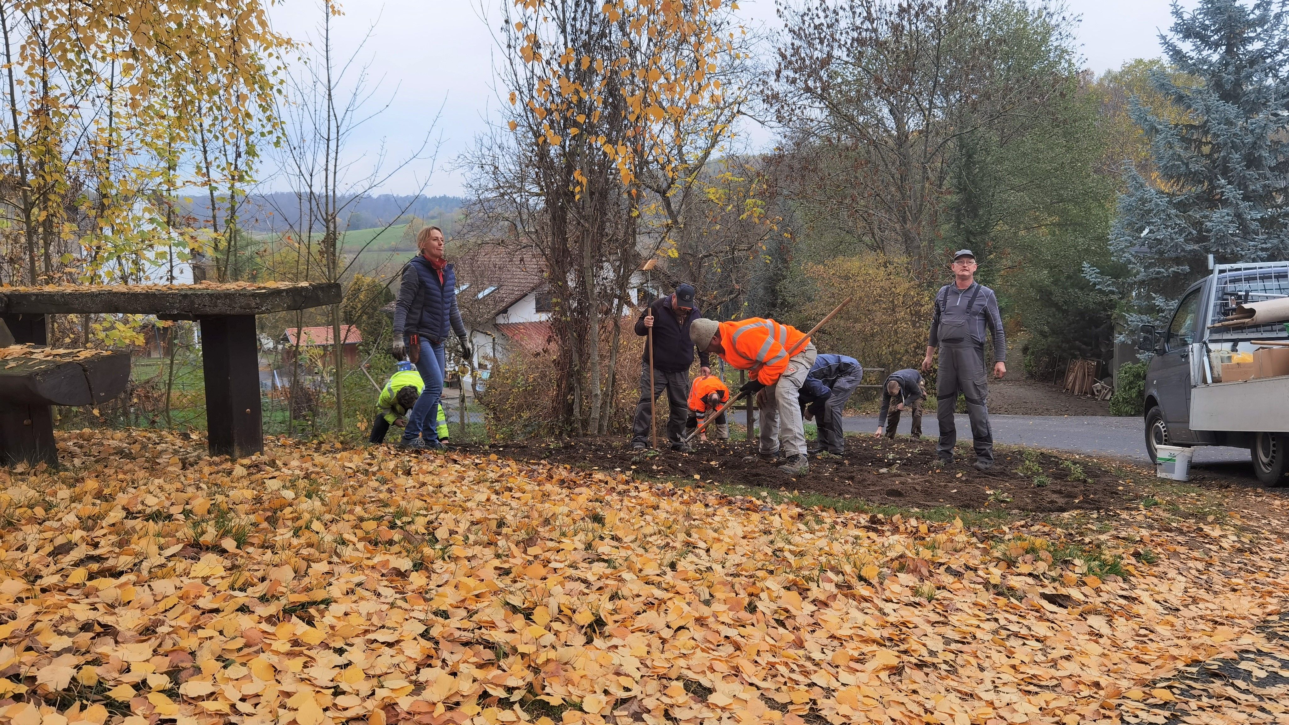 Bauhofmitarbeiter beim Bepflanzen einer Blühwiese